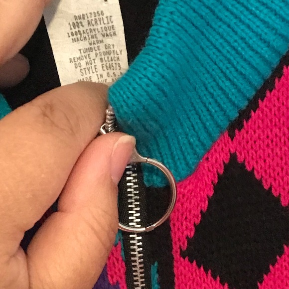 Vintage GIRLS Neon Color Block Mix Pattern Cable Knit Chunky  3/4 Zip Sweater - Picture 3 of 9